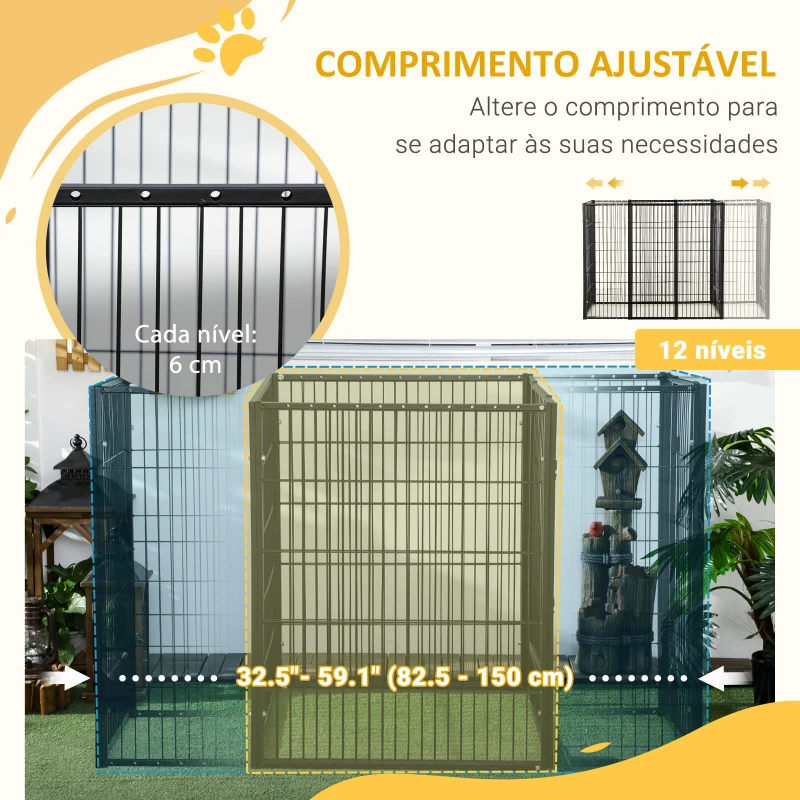 PawHut Parque para Cães de 6 Painéis com Largura Ajustável e Estrutura de Aço 82,5-150x79x101 cm Preto