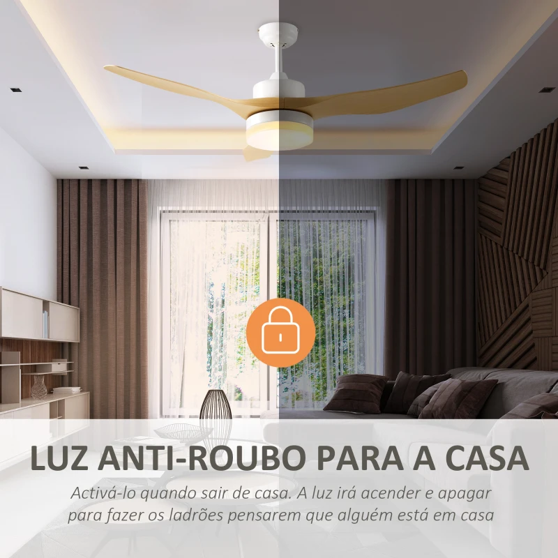HOMCOM Ventoinha de Teto 20,5W Diâmetro 132cm com Luz LED Ajustável 3 Lâminas Reversíveis 6 Velocidades e Temporizador Madeira