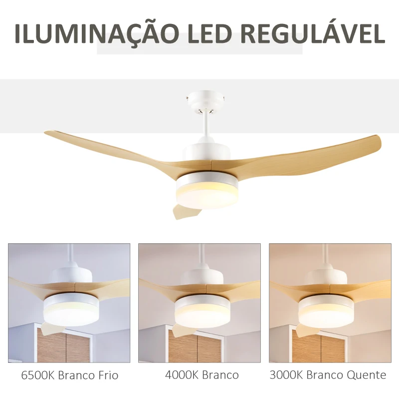 HOMCOM Ventoinha de Teto 20,5W Diâmetro 132cm com Luz LED Ajustável 3 Lâminas Reversíveis 6 Velocidades e Temporizador Madeira