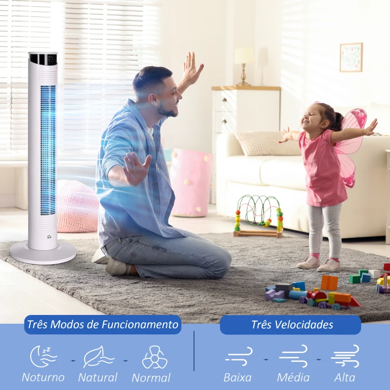 HOMCOM Ventoinha de Coluna 45 W com Oscilação Controlo Remoto Temporizador de 12h 3 Velocidades 3 Modos Ø31,5x93 cm Branco