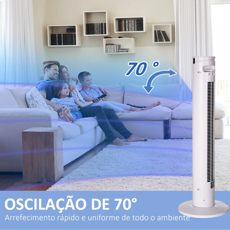 HOMCOM Ventoinha de Coluna 45 W com Oscilação Controlo Remoto Temporizador de 12h 3 Velocidades 3 Modos Ø31,5x93 cm Branco