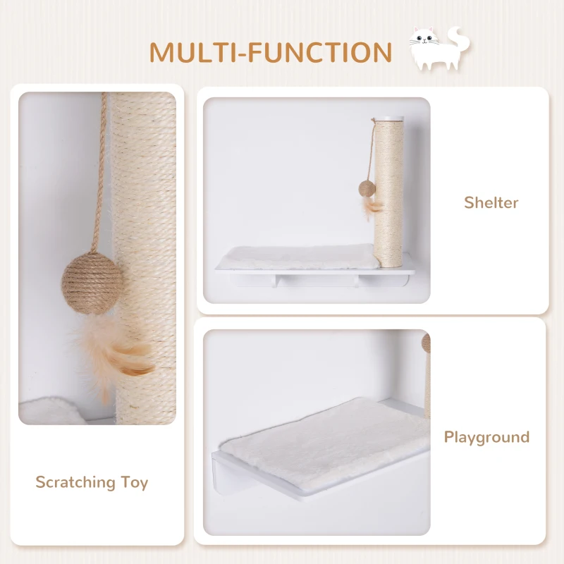 PawHut Wall-Mounted Cat Shelf W/ Scratching Post, Toy, Berber Fleece Mat Wood Kitten Climbing Tree