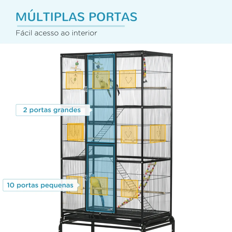 PawHut Gaiola para Pássaros com Rodas de 3 Níveis com 3 Poleiros Comedouros Brinquedos Rampas e Prateleira 83x53x180 cm Preto