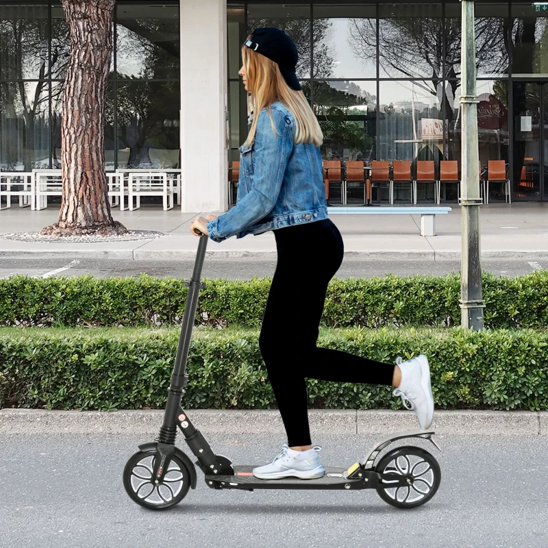 HOMCOM Folding Kick Scooter, Height-Adjustable Urban Scooter w/ Rear Brake, Double Shock Absorption System, Warning Bell & 2 Big Wheels, For 14+ Teens Adults, Black