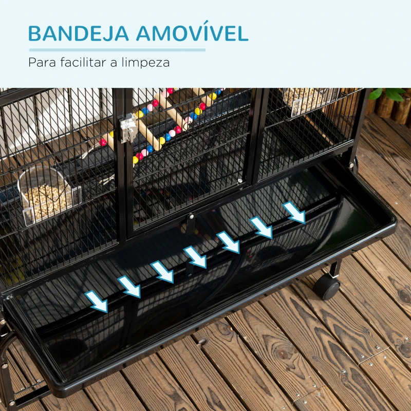 PawHut Gaiola para Pássaros com Rodas de 3 Níveis com 3 Poleiros Comedouros Brinquedos Rampas e Prateleira 83x53x180 cm Preto