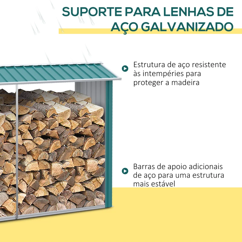 Outsunny Abrigo para Lenhas de Aço Galvanizado com Teto Inclinado para Jardim Varanda Pátio 240x86x160 cm Verde