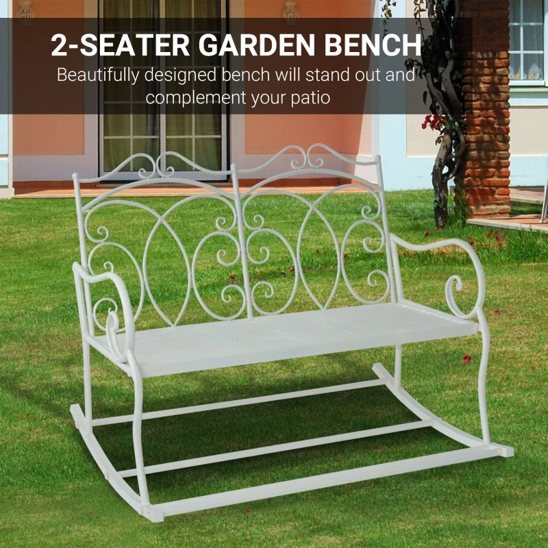 Outsunny 2-Seater Iron Rocking Chair Garden Loveseat Bench for Patio Porch Balcony Milk White