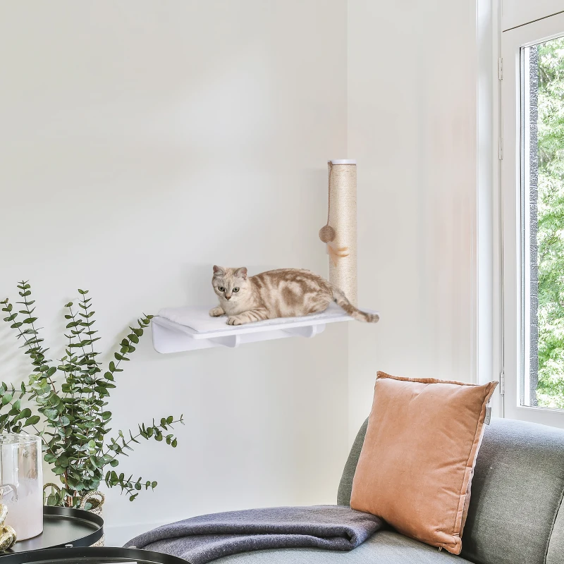 PawHut Wall-Mounted Cat Shelf W/ Scratching Post, Toy, Berber Fleece Mat Wood Kitten Climbing Tree