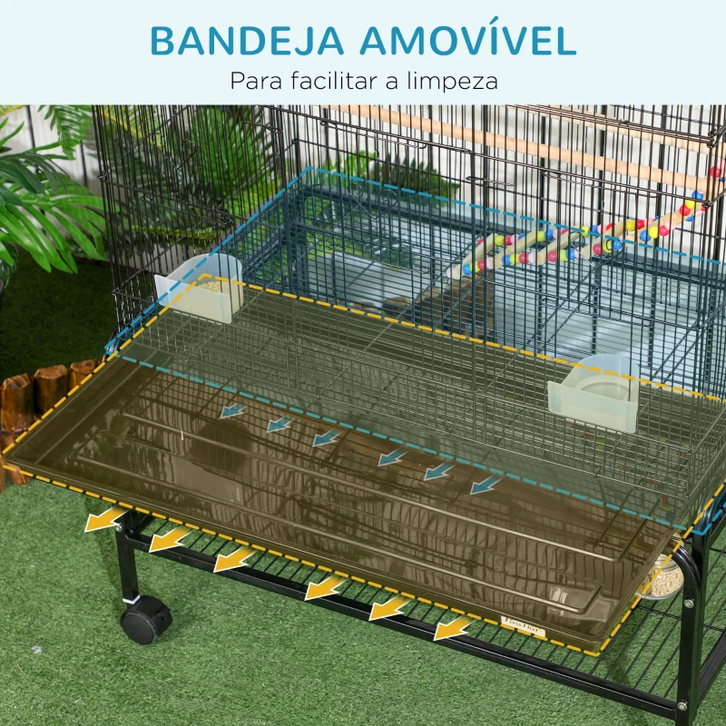 PawHut Gaiola para Pássaros com Rodas com 4 Comedouros 3 Poleiros Brinquedos Bandeja Amovível e Prateleira 79x49x133 cm Preto