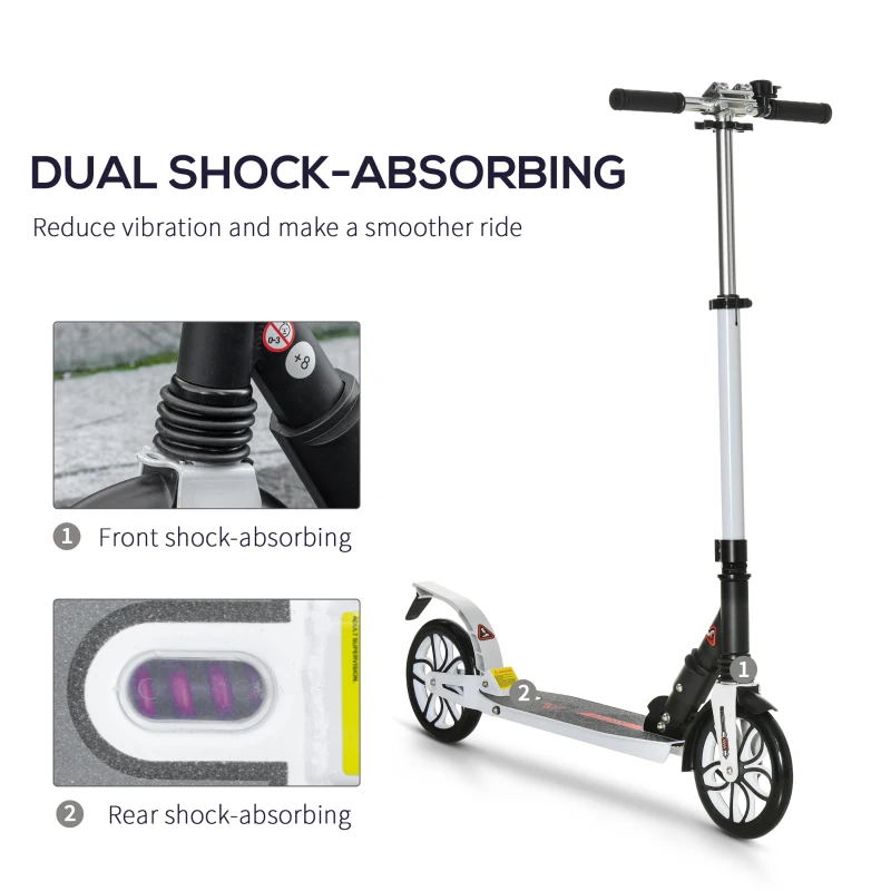 HOMCOM Folding Kick Scooter, Height-Adjustable Urban Scooter w/ Rear Brake, Double Shock Absorption System, Warning Bell & 2 Big Wheels, For 14+ Teens Adult, White