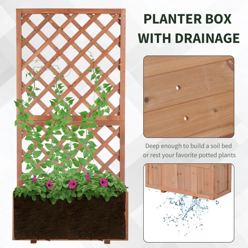 Outsunny Raised Garden Bed, Wooden Planter Box with Trellis for Climbing Plants Flowers, 72.5 x 31.5 x 150cm, Natural