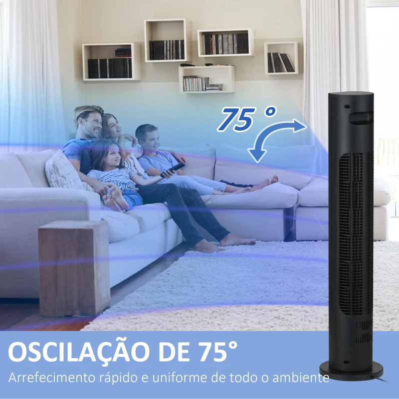HOMCOM Ventoinha de Coluna com Controlo Remoto Oscilação de 75° Temporizador 3 Velocidades 3 Modos Silencioso Ø18x78,5 cm Preto