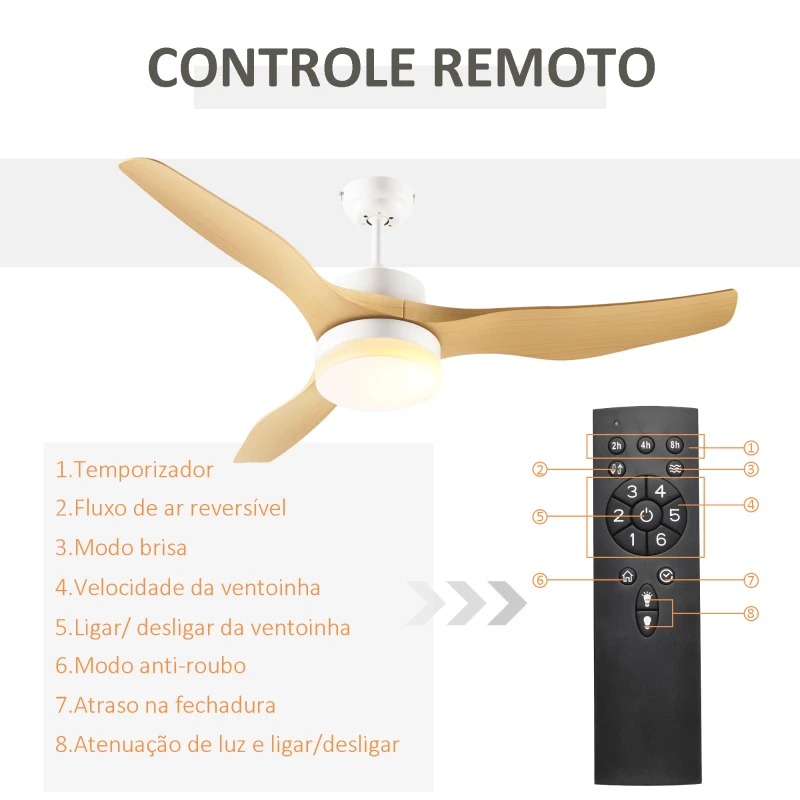 HOMCOM Ventoinha de Teto 20,5W Diâmetro 132cm com Luz LED Ajustável 3 Lâminas Reversíveis 6 Velocidades e Temporizador Madeira