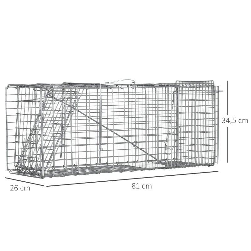 Outsunny Armadilha para Animais Vivos Dobrável 81x26x34,5 cm Gaiola de Captura com Porta e Alça para Coelhos Roedores Prata