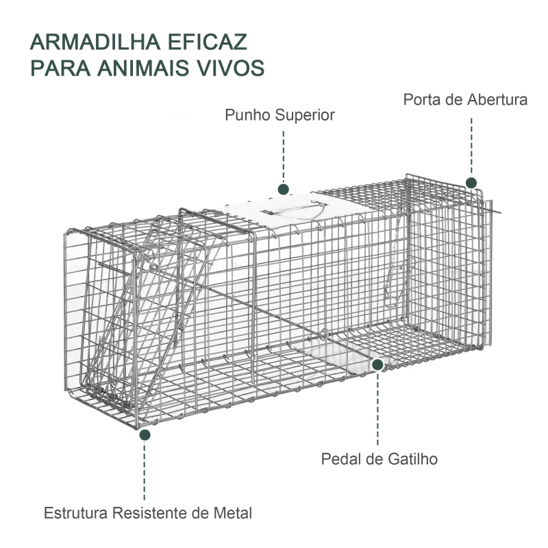 Outsunny Armadilha para Animais Vivos Dobrável 81x26x34,5 cm Gaiola de Captura com Porta e Alça para Coelhos Roedores Prata