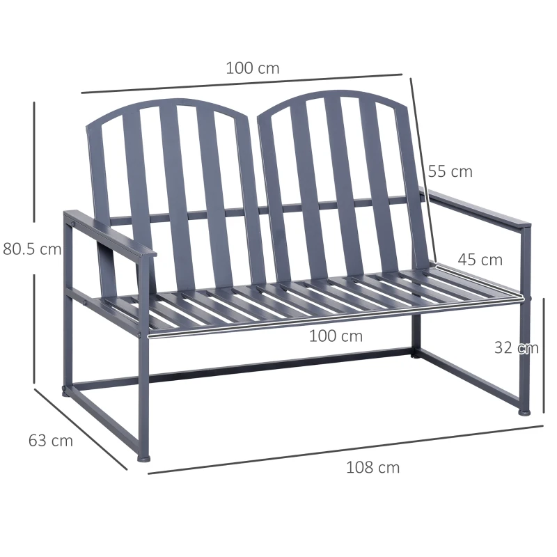 Outsunny Steel Patio Garden Bench Loveseats for Outdoors Park Yard Slatted Design Grey(m-3)