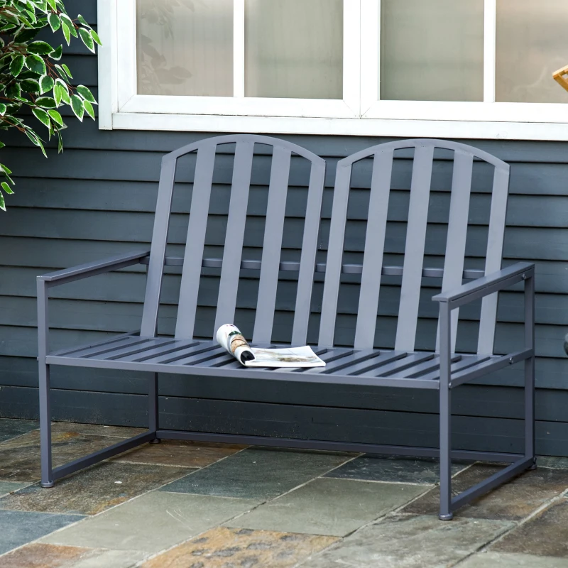Outsunny Steel Patio Garden Bench Loveseats for Outdoors Park Yard Slatted Design Grey(m-10)