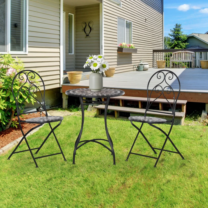 Outsunny 3 Piece Garden Bistro Set with Coffee Table and 2 Folding Chairs, Mosaic Tile Top and Seats, Metal Frame, for Patio Balcony