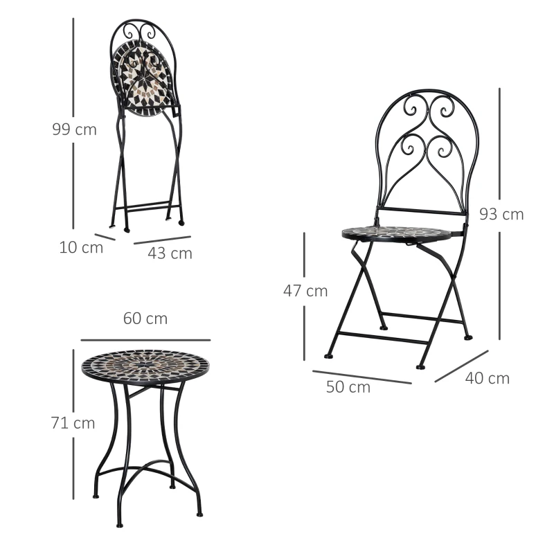 Outsunny 3 Piece Garden Bistro Set with Coffee Table and 2 Folding Chairs, Mosaic Tile Top and Seats, Metal Frame, for Patio Balcony