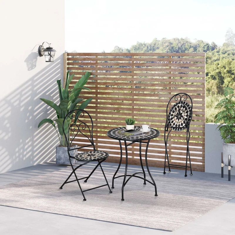 Outsunny 3 Piece Garden Bistro Set with Coffee Table and 2 Folding Chairs, Mosaic Tile Top and Seats, Metal Frame, for Patio Balcony