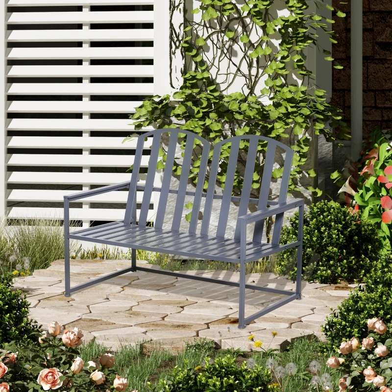 Outsunny Steel Patio Garden Bench Loveseats for Outdoors Park Yard Slatted Design Grey(m-12)