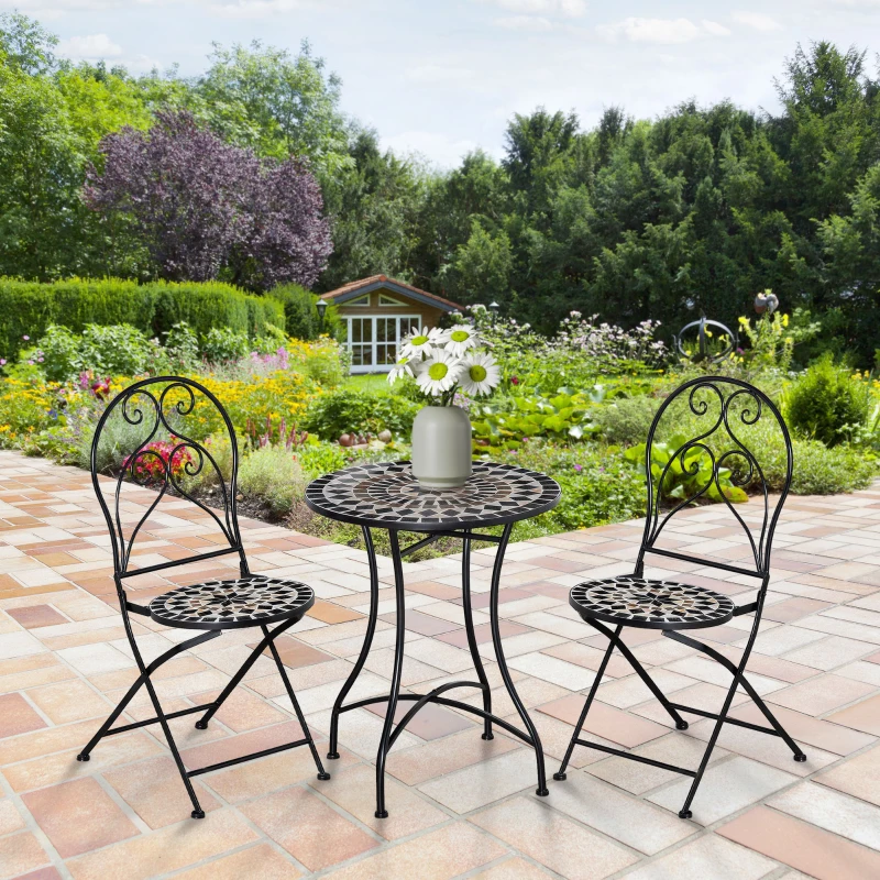 Outsunny 3 Piece Garden Bistro Set with Coffee Table and 2 Folding Chairs, Mosaic Tile Top and Seats, Metal Frame, for Patio Balcony