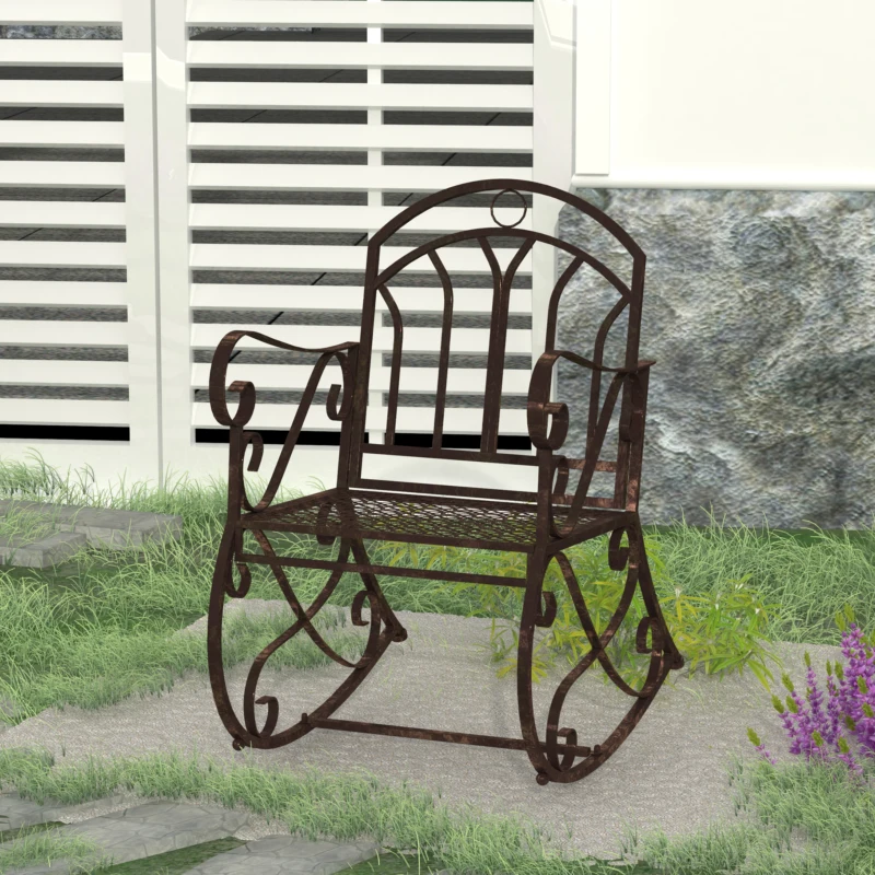 Outsunny Outdoor Rocking Chair, Metal Frame Single Chair with Vintage Style, Armrest, Bronze