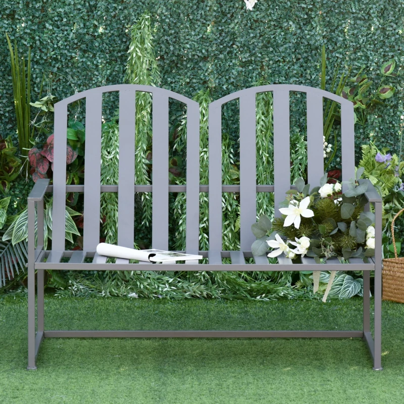Outsunny Steel Patio Garden Bench Loveseats for Outdoors Park Yard Slatted Design Grey(m-11)