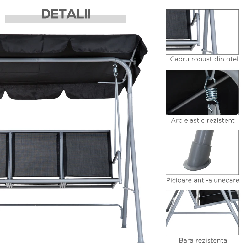 Outsunny Balansoar de Gradina cu 3 Locuri din Metal Acoperis Copertina Detasabil(m-6)