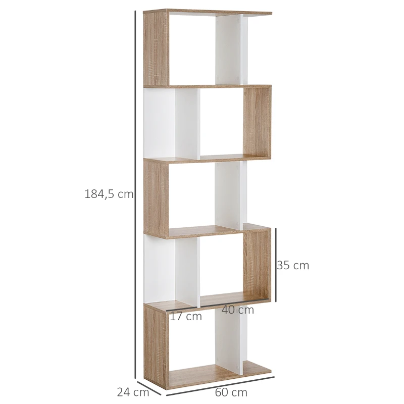 HOMCOM Estantería en Forma de S Alta con 5 Estantes Diseño Moderno para Salón Oficina 60x24x184,5cm Blanco y Madera(m-3)