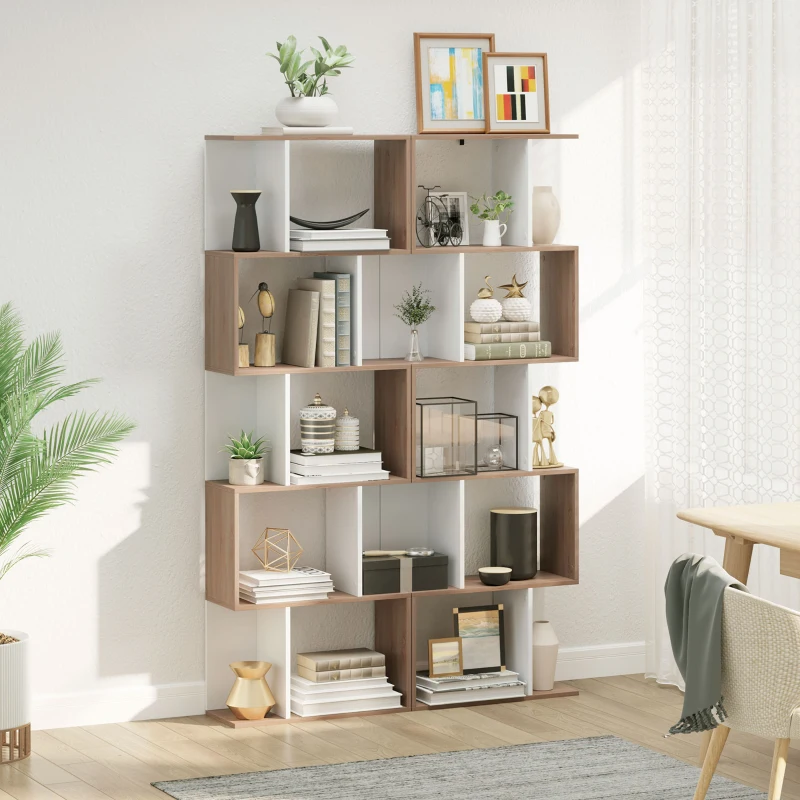 HOMCOM Estantería en Forma de S Alta con 5 Estantes Diseño Moderno para Salón Oficina 60x24x184,5cm Blanco y Madera(m-7)
