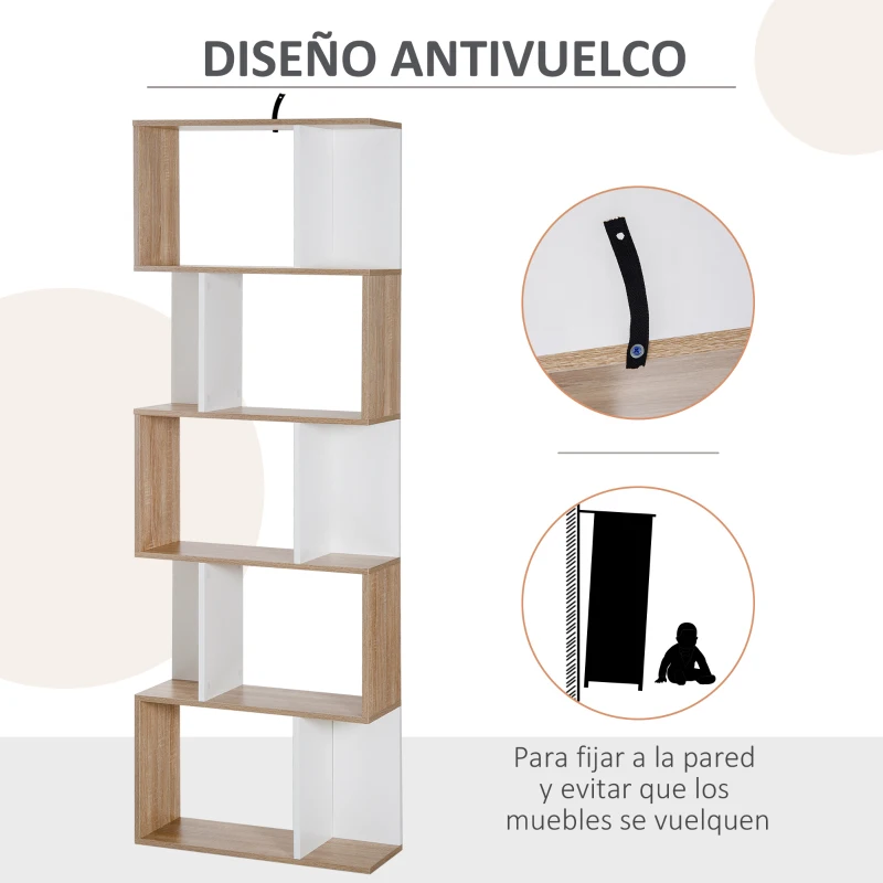 HOMCOM Estantería en Forma de S Alta con 5 Estantes Diseño Moderno para Salón Oficina 60x24x184,5cm Blanco y Madera(m-6)