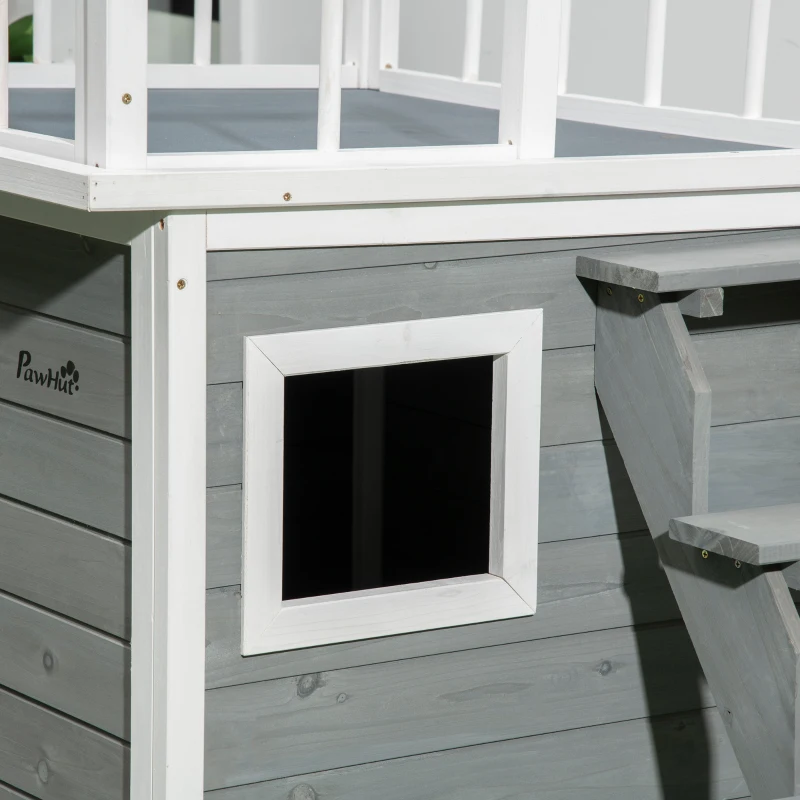 PawHut Cusca de exterior pentru caini cu balcon, scari, Cusca pentru caini rezistenta la intemperii cu picioare inaltate, ferestre, pentru caini de talie mica si medie
