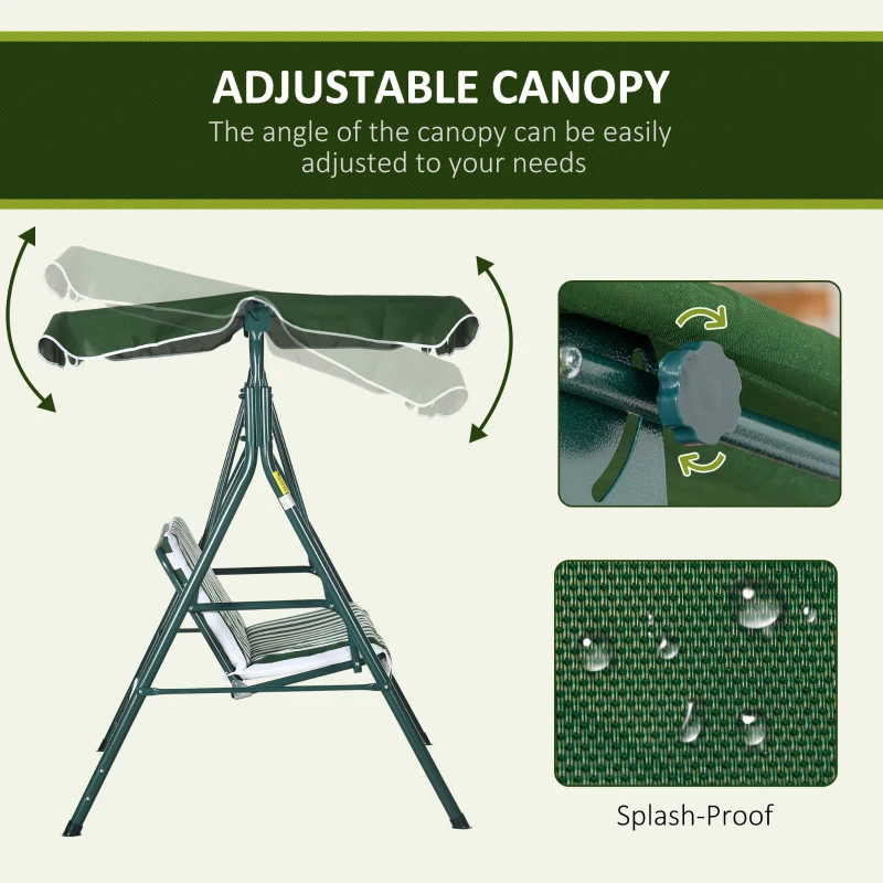 Outsunny Balansoar de Gradina 3 Locuri Acoperis Parasolar si Structura din Otel si Poliester, 172x110x153 cm, Alb si Verde