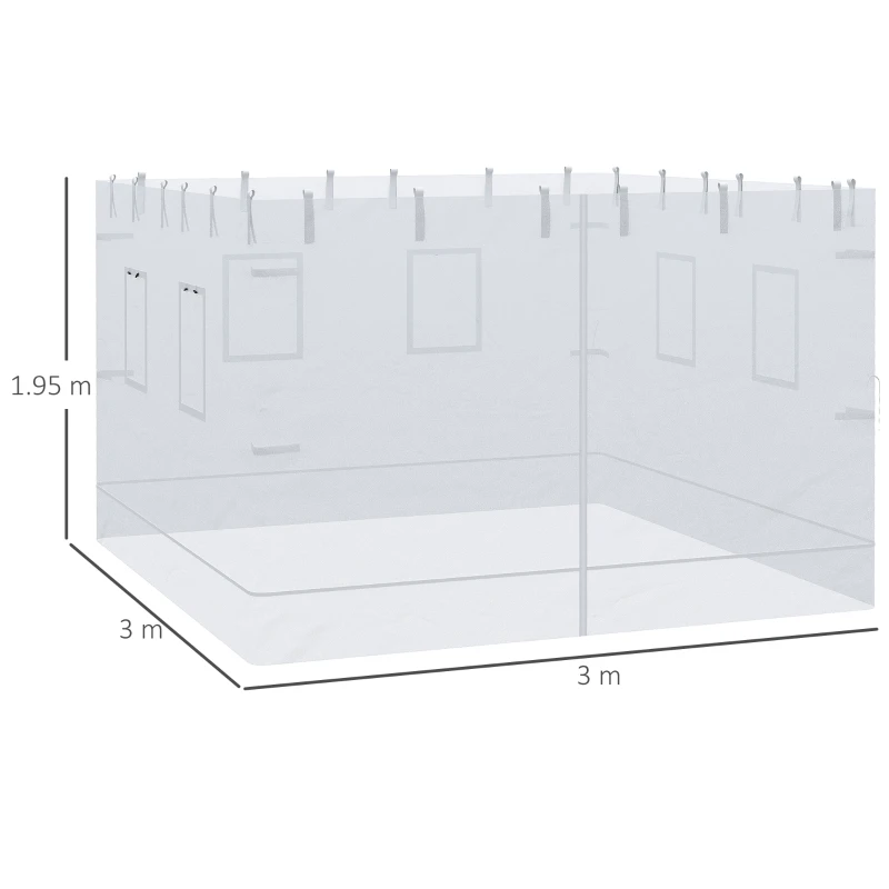 Outsunny Plasa de protectie impotriva tantarilor pentru curte, Set de 4 plase pentru pavilion cu 6 ferestre si 1 usa; Pereti laterali din plasa pentru inlocuire pentru pavilion 3 x 3 (m), alb