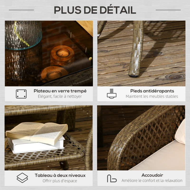 Outsunny Salon de jardin 4 places 4 pièces style colonial table basse coussins beige inclus résine tressée marron clair