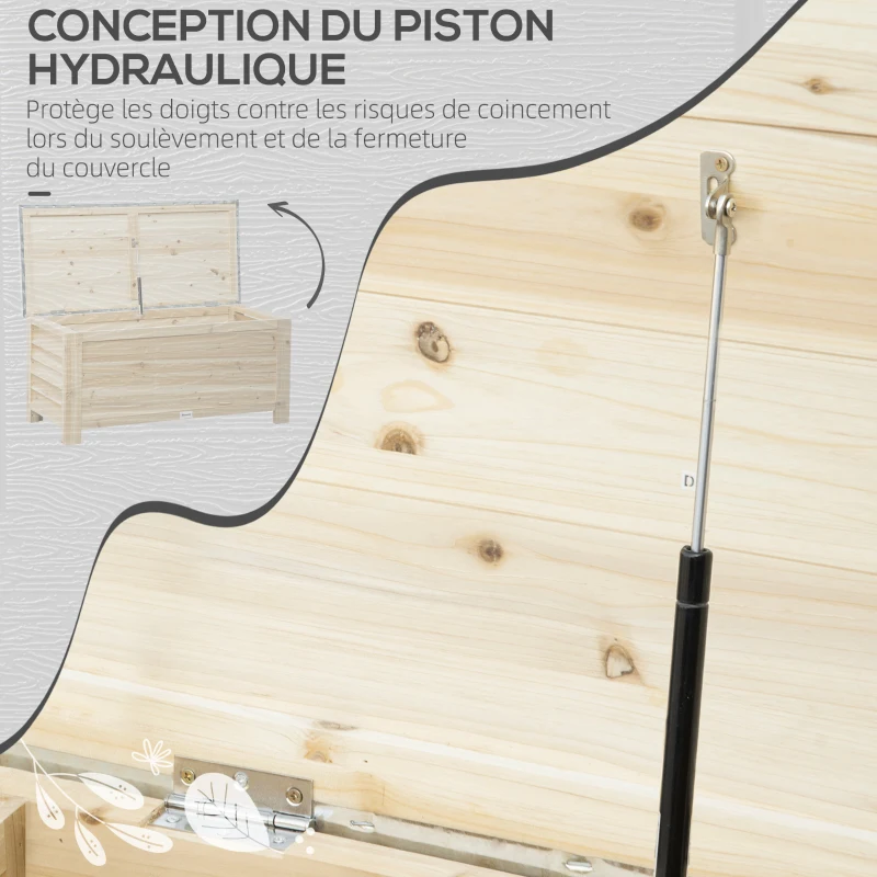 Outsunny Coffre de jardin en bois et couvercle en métal galvanisé 155L avec vérins - 110 x 50 x 50 cm