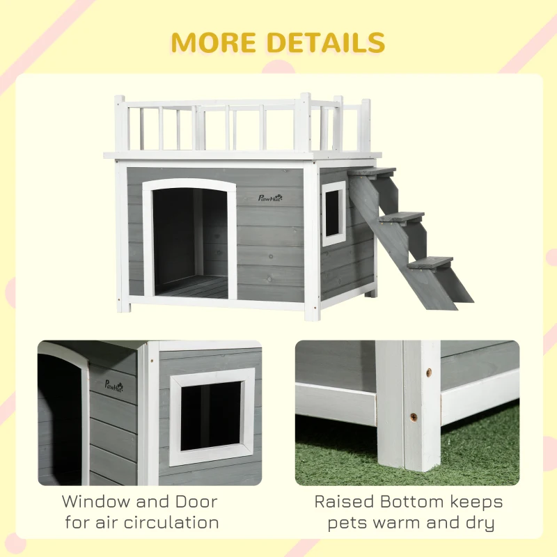 PawHut Cusca de exterior pentru caini cu balcon, scari, Cusca pentru caini rezistenta la intemperii cu picioare inaltate, ferestre, pentru caini de talie mica si medie