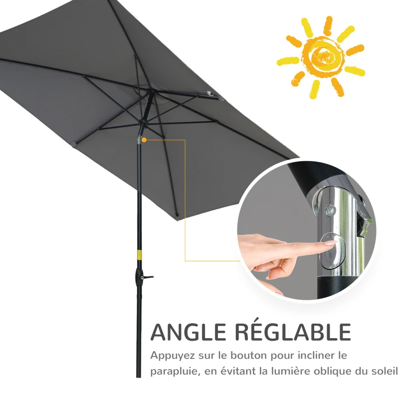 Outsunny Parasol rectangulaire inclinable 2 x 3 m avec manivelle toile polyester imperméabilisée haute densité 180 g/m² gris foncé