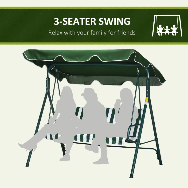 Outsunny Balansoar de Gradina 3 Locuri Acoperis Parasolar si Structura din Otel si Poliester, 172x110x153 cm, Alb si Verde