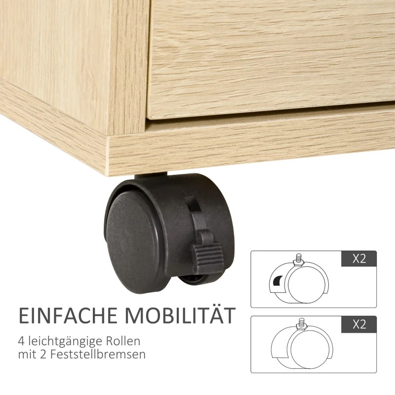 HOMCOM Rollcontainer Aktenschrank Büroschrank mit 4 Schubladen Lagerschrank Aufbewahrung Container MDF Natur 46 x 40 x 65 cm