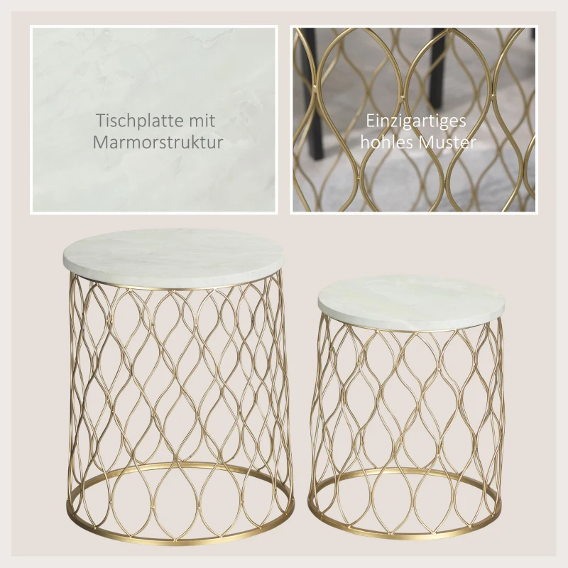 Outsunny Set van 2 Tuintafel Bijzettafels Salontafels Retro Draadmand Metalen Mand Tuin Nesttafel Tuinmeubelen Buiten Balkon Staal Goud + Wit Ø41 x 46 cm