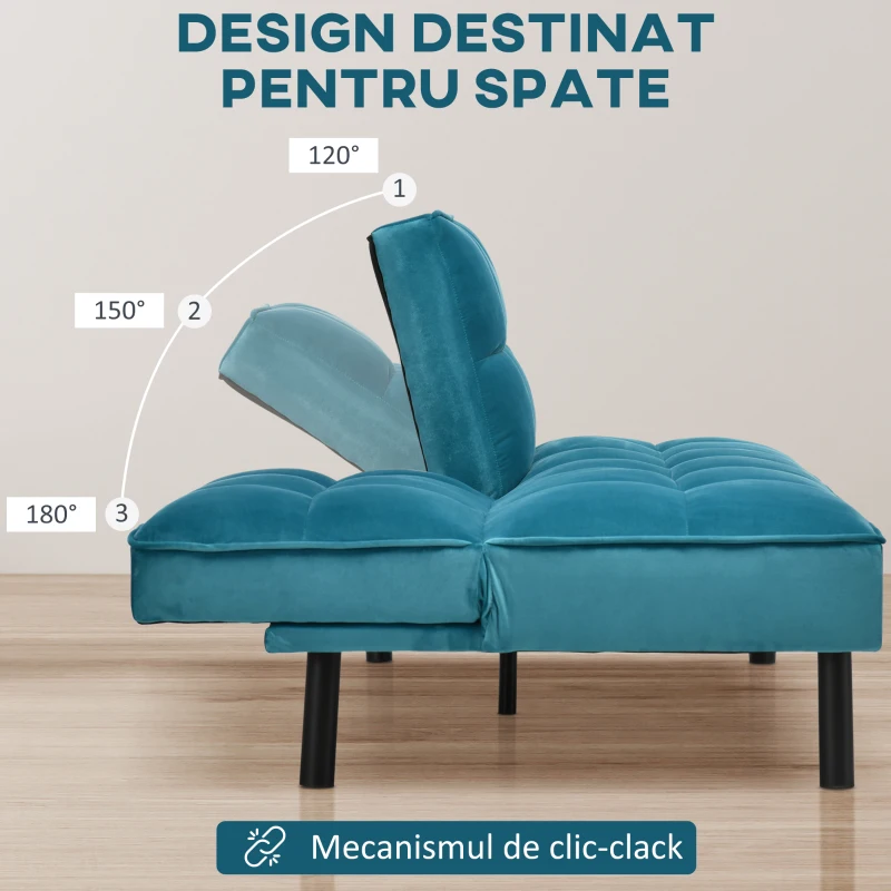 HOMCOM Canapea extensibila cu scaun captusit, canapea cu 3 locuri , canapea cu efect de catifea, verde, Lemn, otel