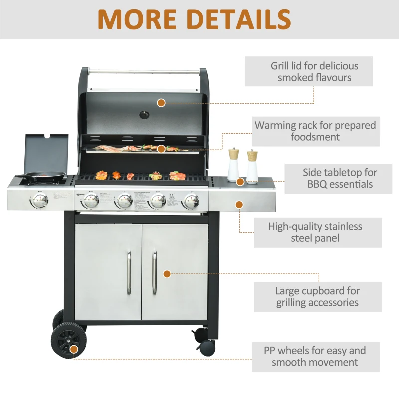 Outsunny Gas Barbecue Grill 4+1 Burner Garden Smoker BBQ Trolley w/ Side Burner Warming Rack Side Shelves Storage Cabinet Piezo Ignition Thermometer Stainless Steel + Metal(m-7)