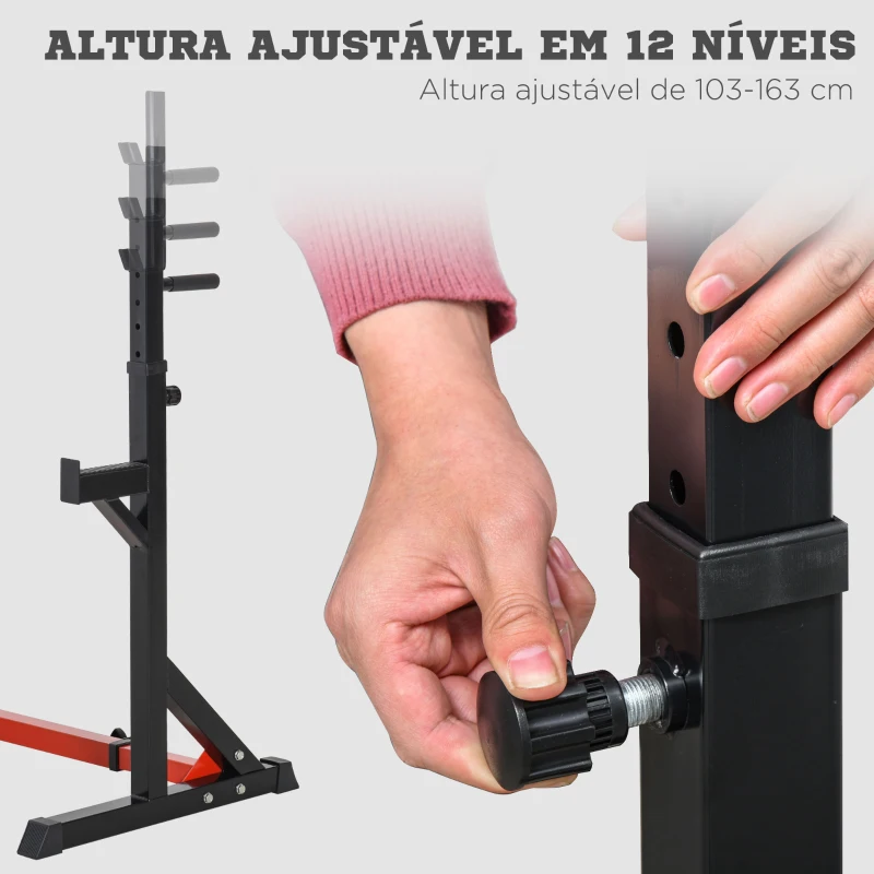 HOMCOM Suporte Ajustável para Barras de Peso Suporte Multifuncional para Exercício em Casa Escritório Carga 150kg Altura Ajustável 103-163cm Preto e Vermelho