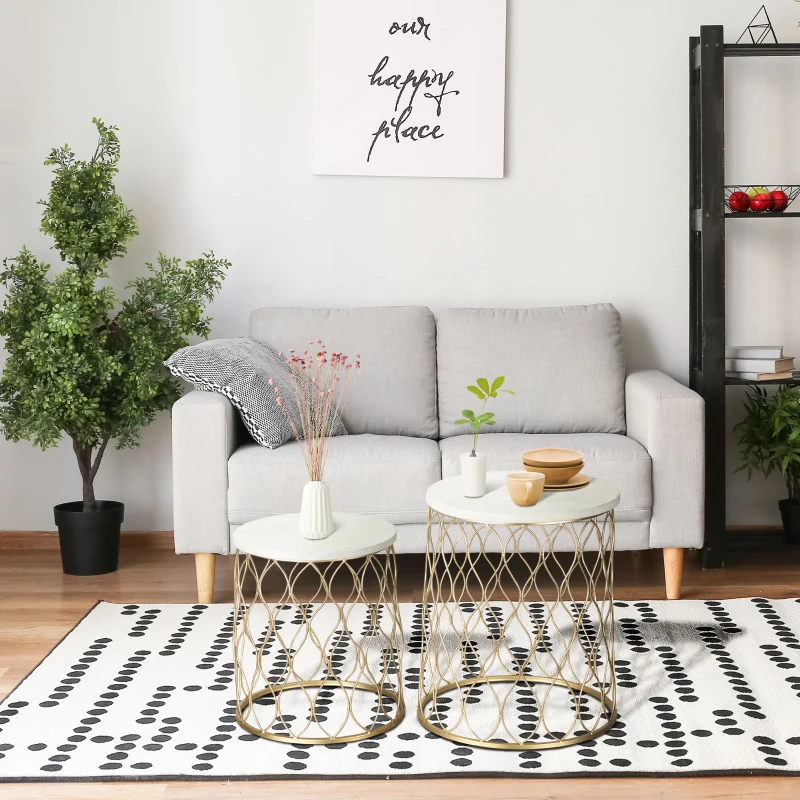 Outsunny Set van 2 Tuintafel Bijzettafels Salontafels Retro Draadmand Metalen Mand Tuin Nesttafel Tuinmeubelen Buiten Balkon Staal Goud + Wit Ø41 x 46 cm