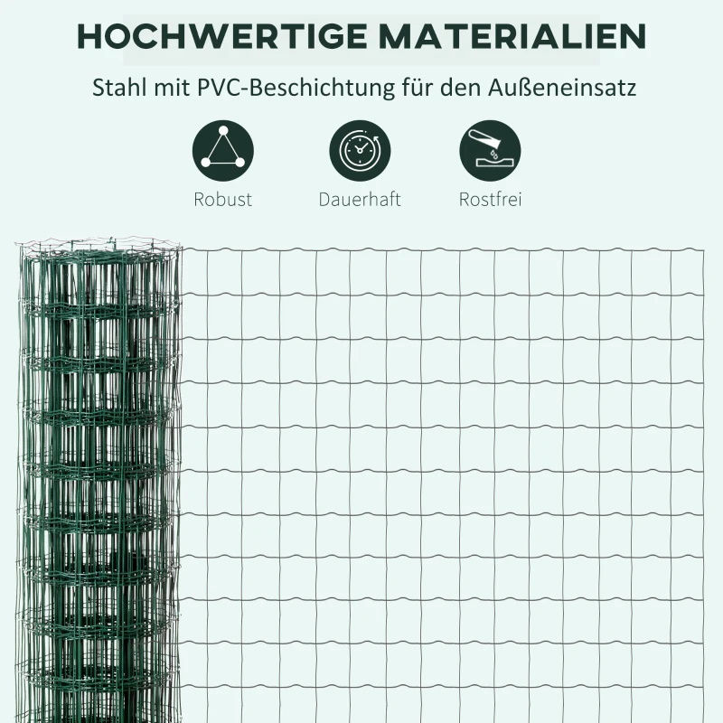 Outsunny Gartenzaun 10 x 1,5 m Volierendraht Maschendraht Drahtzaun Drahtgitter Gartenzaun Rolle Masche stark Stahl Grün