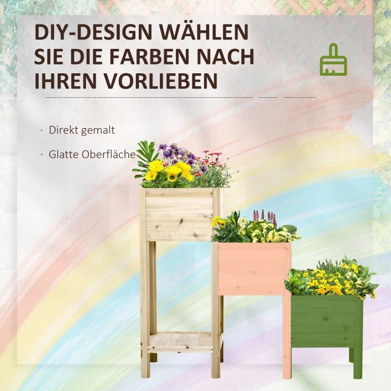 Outsunny Hochbeet 3 Etagen aus Holz mit Ablageboden & 3 Entwässerungslöchern für Garten Balkon Natur 125 x 45 x 108 cm
