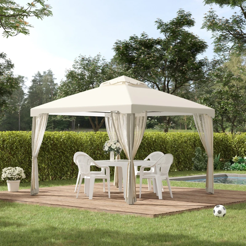Outsunny Foisor de Gradina cu Acoperis Dublu Plasa Tantari Pereti Laterali Bej, 294x294x265cm(m-12)