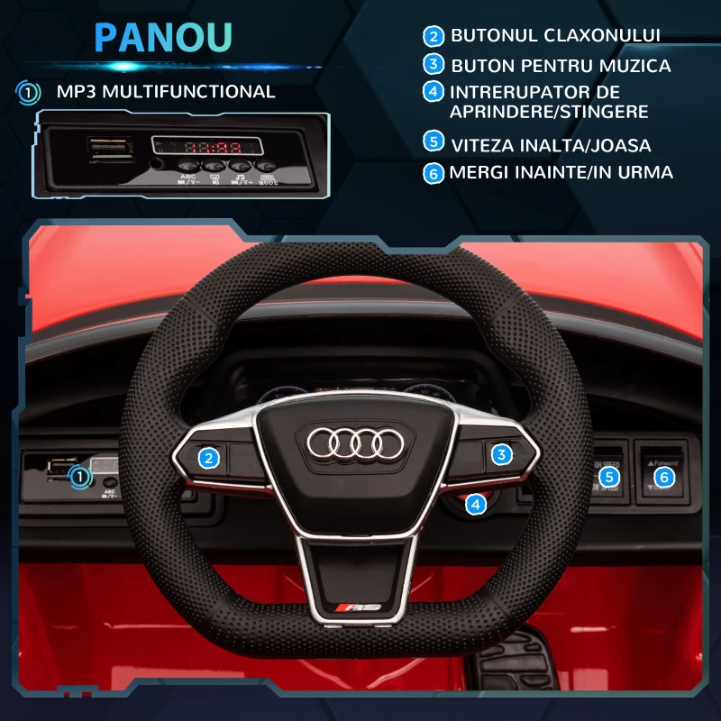 HOMCOM Masina electrica pentru copiii  37-60 luni Licenta Audi cu claxon si butoane muzicale, centuri de siguranta si faruri, PP si metal, 103x58x41 cm, rosu si negru